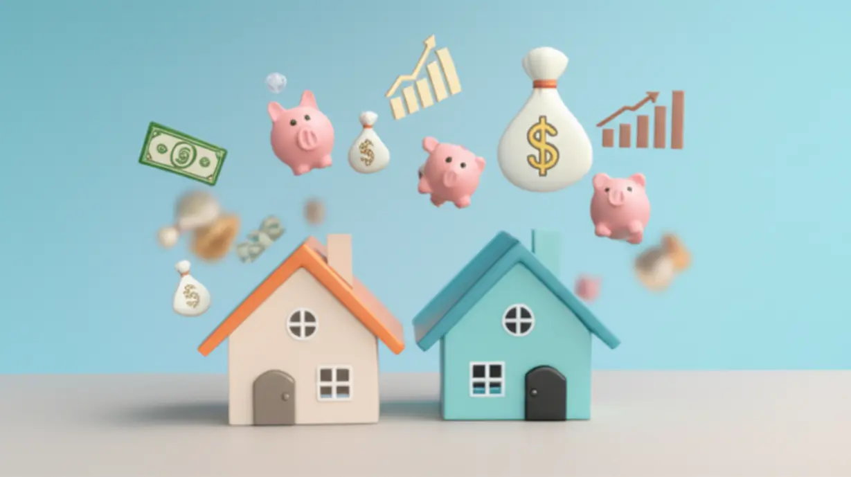 귀여운-집-두-채와-세금-관련-기호들이-떠다니는-3D-이미지.-1가구-2주택-세금-중과-설명.