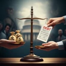 저울의-한쪽에는-세금-주머니,-다른-한쪽에는-채무-탕감-서류를-받는-손이-있는-귀여운-3D-이미지