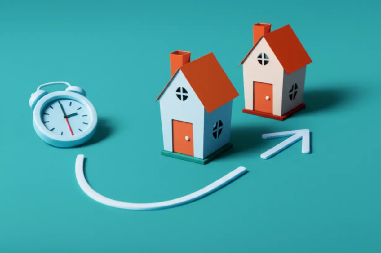 귀여운-집-두-채가-화살표로-연결되고-시계-아이콘이-있는-3D-이미지.-일시적-2주택-비과세-혜택과-처분-기간-설명.