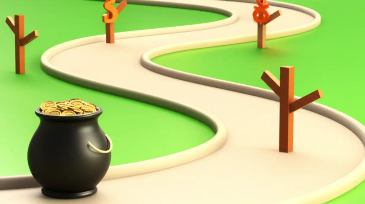 3D-render-of-a-path-leading-to-wealth-with-obstacles