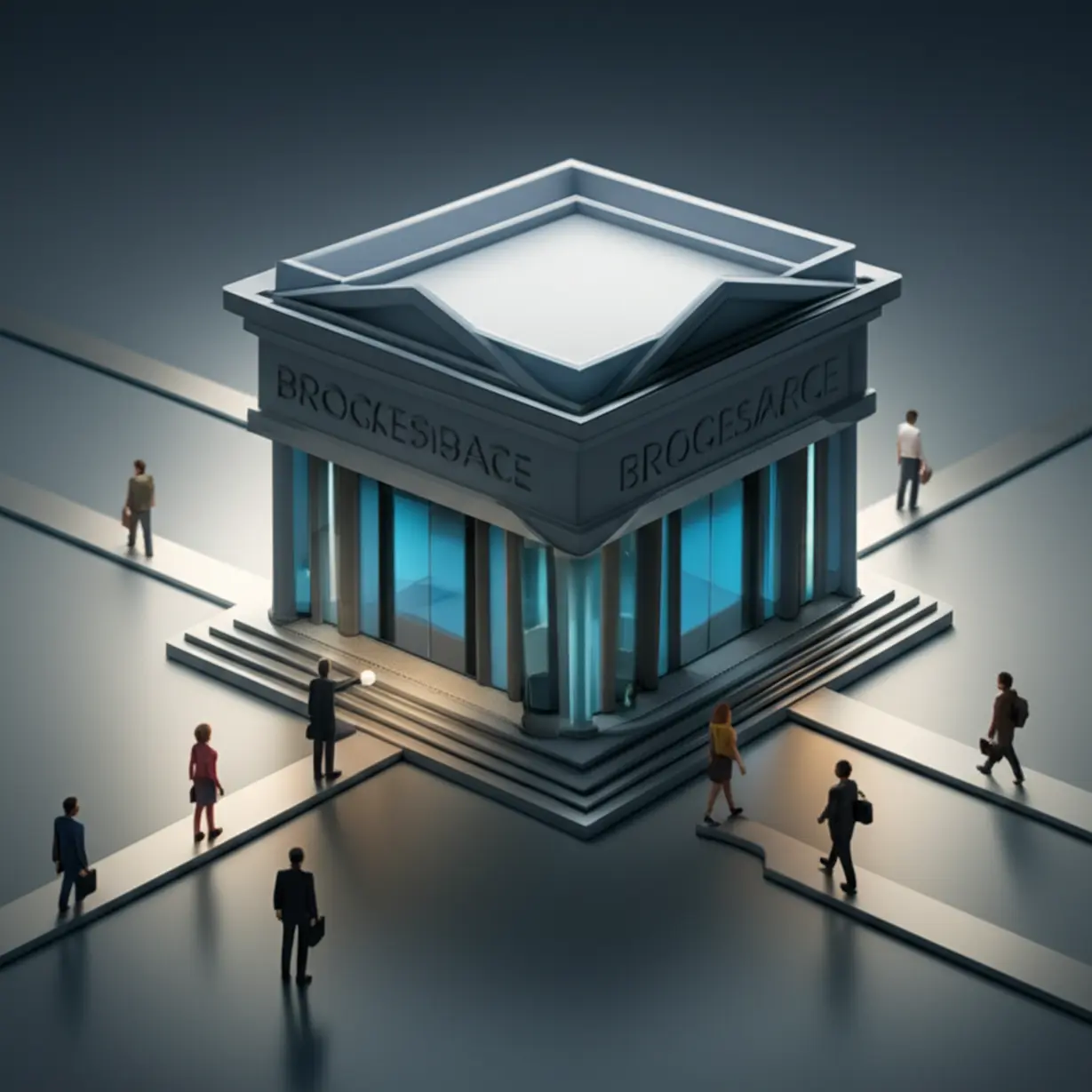 3D-illustration-showing-a-data-screen-displaying-trading-volume-facilitated-by-a-brokerage,-with-paths-indicating-different-investors-using-the-brokerage-service.