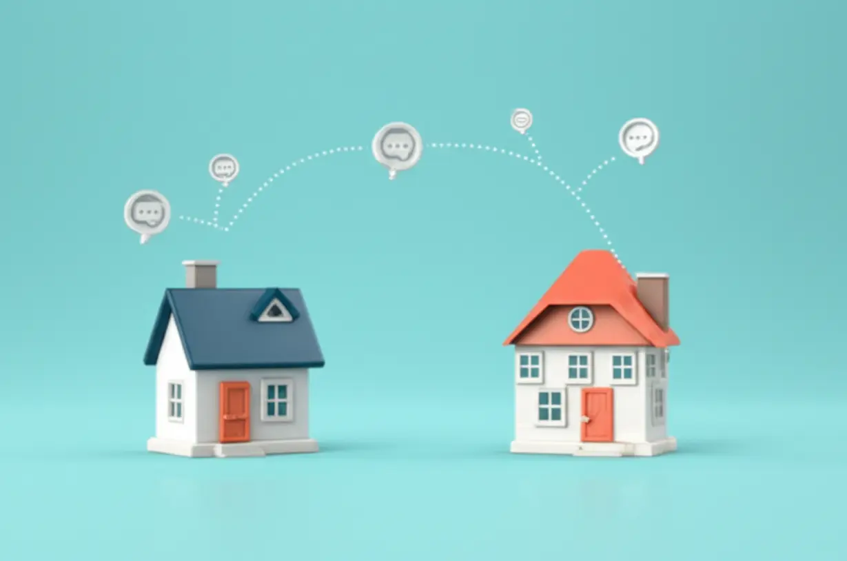 두-채의-귀여운-집이-서로-이야기하는-듯-연결된-3D-이미지.-임대인과-세입자-간의-원활한-소통을-상징합니다.