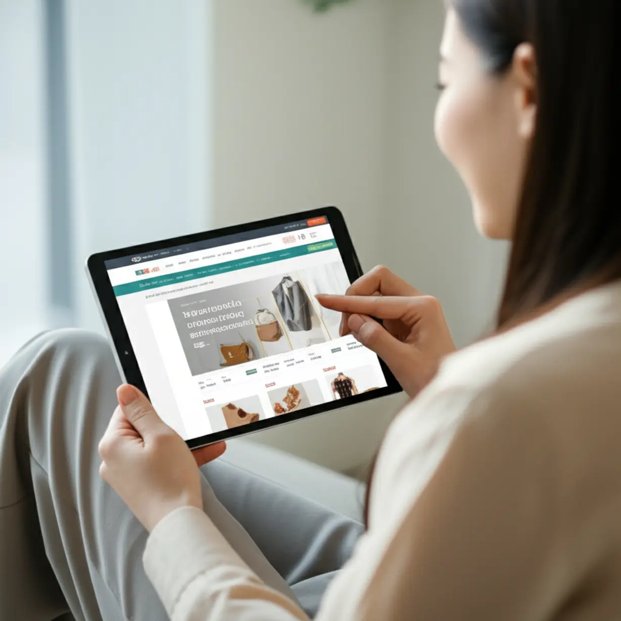 Person-browsing-an-online-shopping-website-on-a-tablet,-representing-the-usage-of-welfare-points.