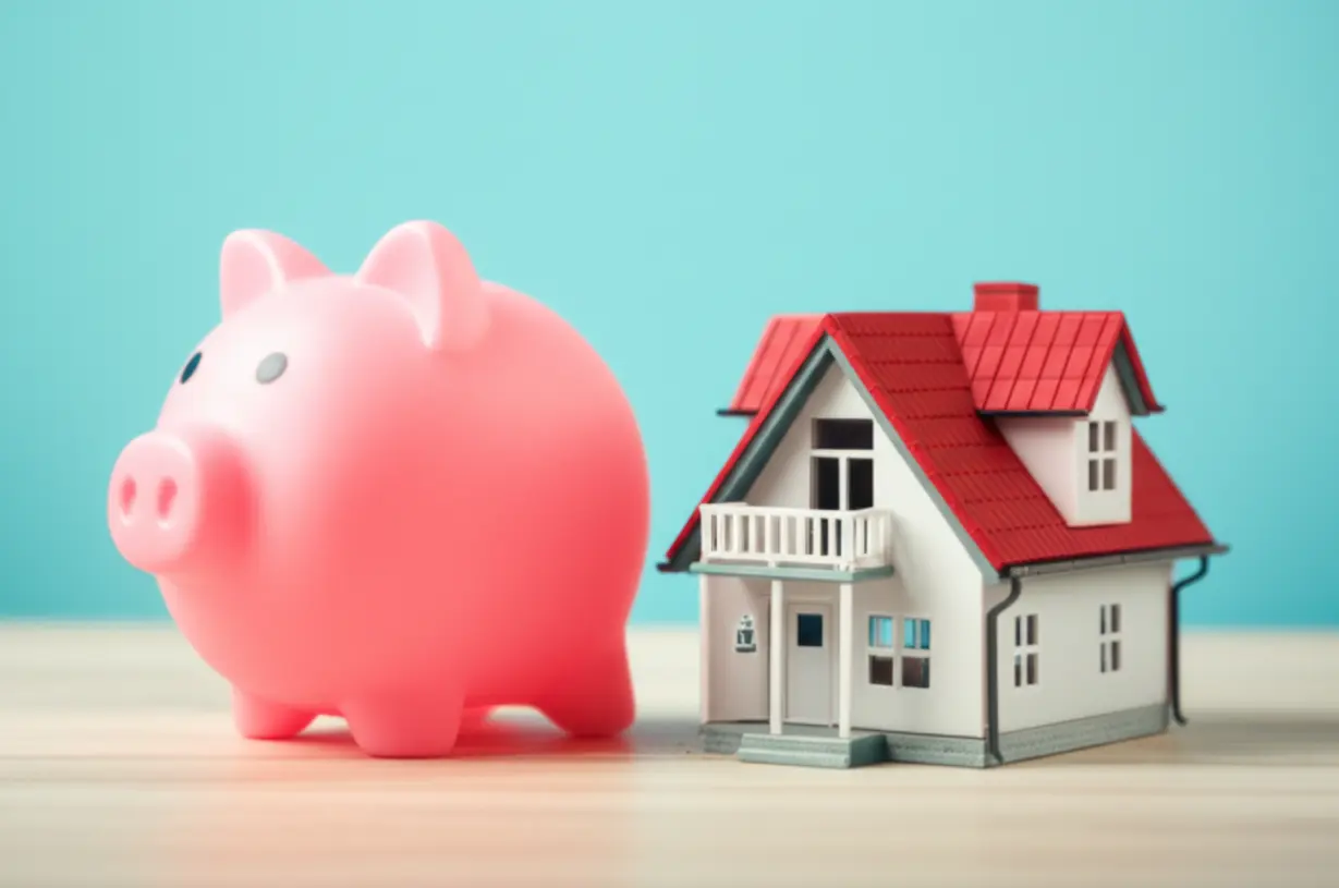 A-piggy-bank-next-to-a-house,-representing-property-tax