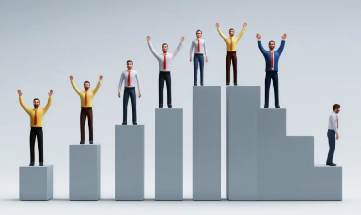 Cute-3D-illustration-showing-a-gap-widening-between-two-groups-of-people,-one-on-rising-platforms-(representing-asset-owners)-and-another-on-a-declining-platform-(representing-non-asset-owners),-depicting-deepening-inequality.