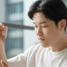 A-young-person-holds-keys,-looking-at-apartment-information-on-a-phone,-representing-the-process-of-finding-a-rental-home.