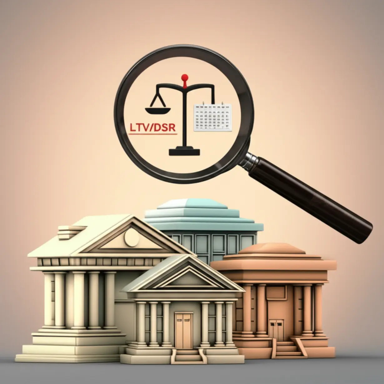 여러-은행-건물-모형과-돋보기,-달력과-저울이-있는-귀여운-3D-이미지.-은행별-전세퇴거자금대출-조건과-한도를-세심하게-확인하는-모습을-나타냅니다.