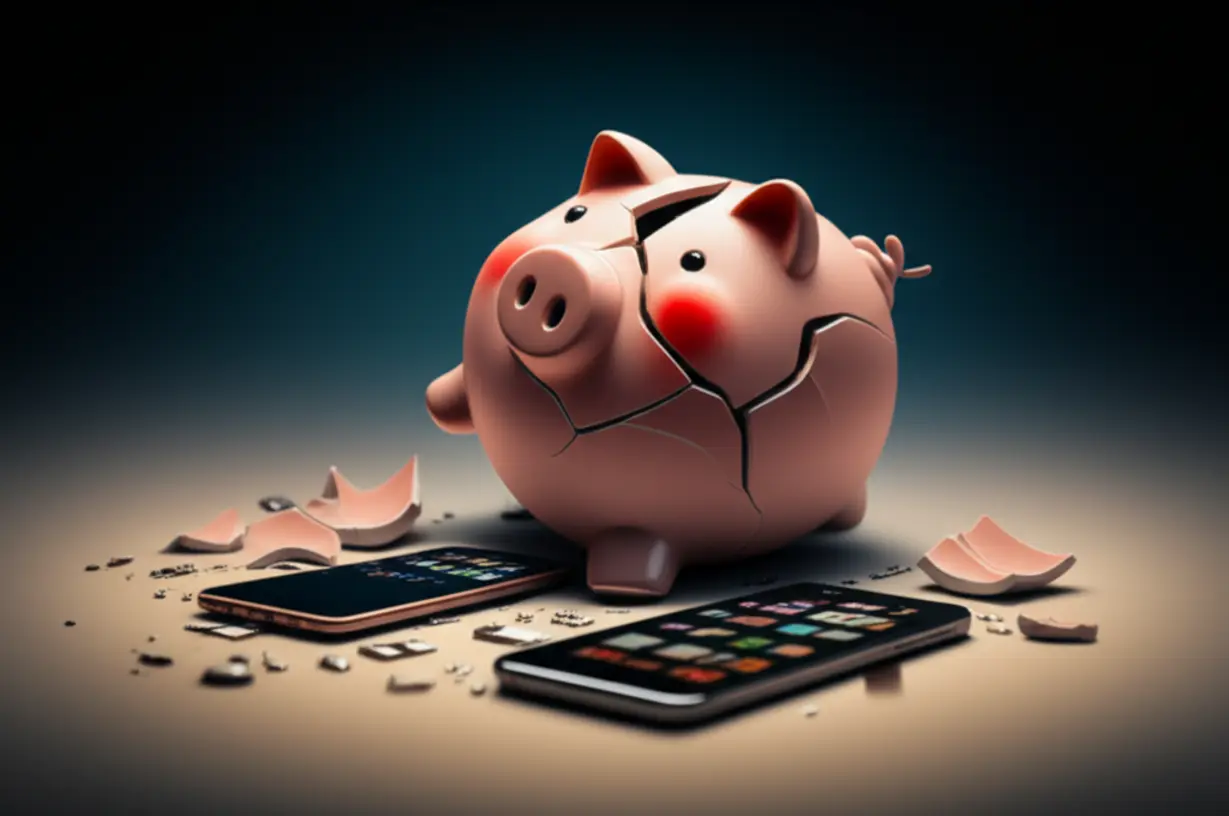 소비자-부담-증가로-단통법-폐지-이유를-보여주는-깨진-3D-저금통과-휴대폰-부품-이미지