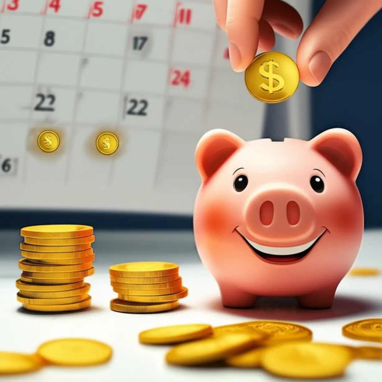 웃고-있는-저금통에-황금-동전이-떨어지는-모습.-달력에는-배당일이-표시되어-꾸준히-배당금을-지급하는-회사의-특성을-보여주며,-안정적인-현금-흐름을-상징합니다.