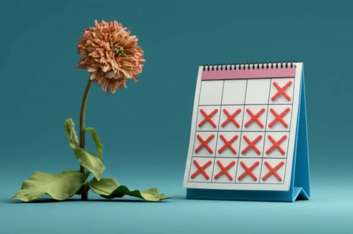 달력에-표시된-X자와-시들어가는-꽃의-모습-귀여운-3D-이미지-(Cute-3D-image-of-a-calendar-marked-with-X