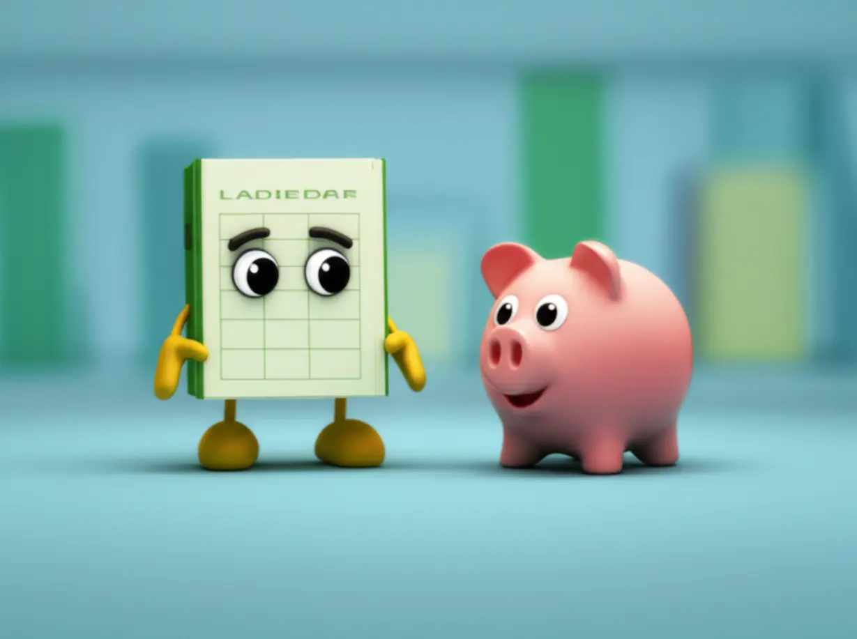 귀여운-가계부-캐릭터와-저금통-캐릭터가-그래프를-보는-3D-그림입니다.-회사-실적-발표-내용을-쉽게-표현합니다.