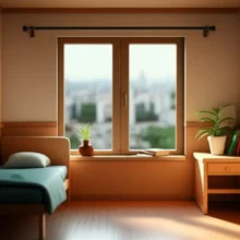 아늑하고-깔끔한-서울-원룸-내부를-표현한-3D-이미지입니다.-작은-침대와-책상이-보이며,-창밖으로는-서울-시내가-보입니다.-서울-자취방,-저렴한-월세,-1인-가구-주거를-상징합니다.