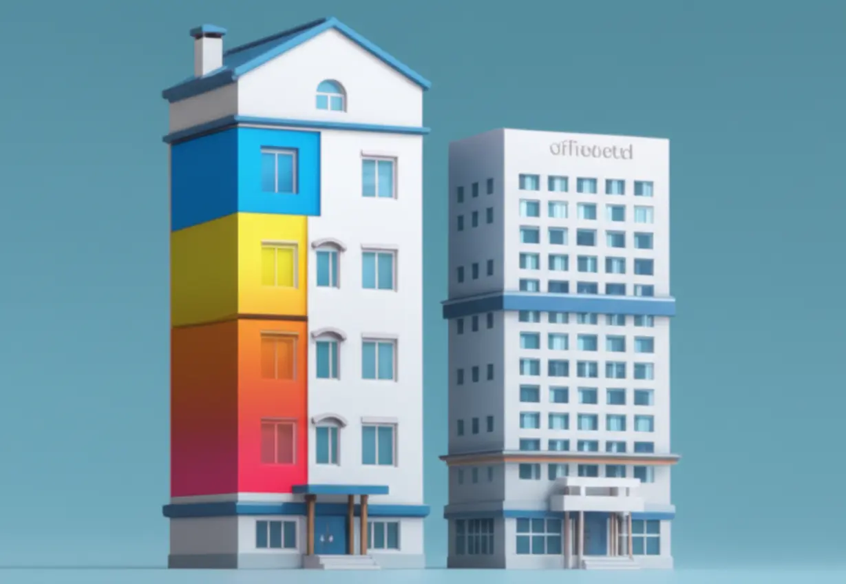 귀여운-3D-아파트와-오피스텔-건물이-나란히-있는-모습.-두-건물의-전용률이-시각적으로-다르게-표현되어-아파트와-오피스텔의-면적-표기-차이를-이해하는-데-도움을-줍니다.