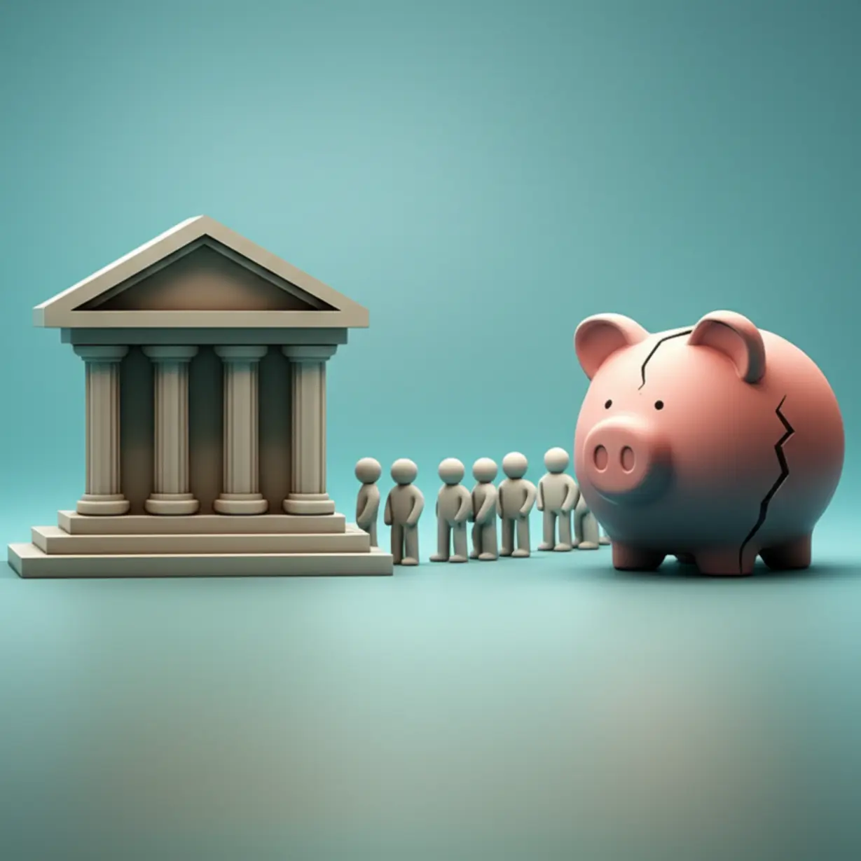 비대면-대출-중단으로-소비자들이-겪는-불편함을-보여주는-귀여운-3D-이미지입니다.-은행-앞-긴-줄과-아쉬워하는-저금통이-있습니다.