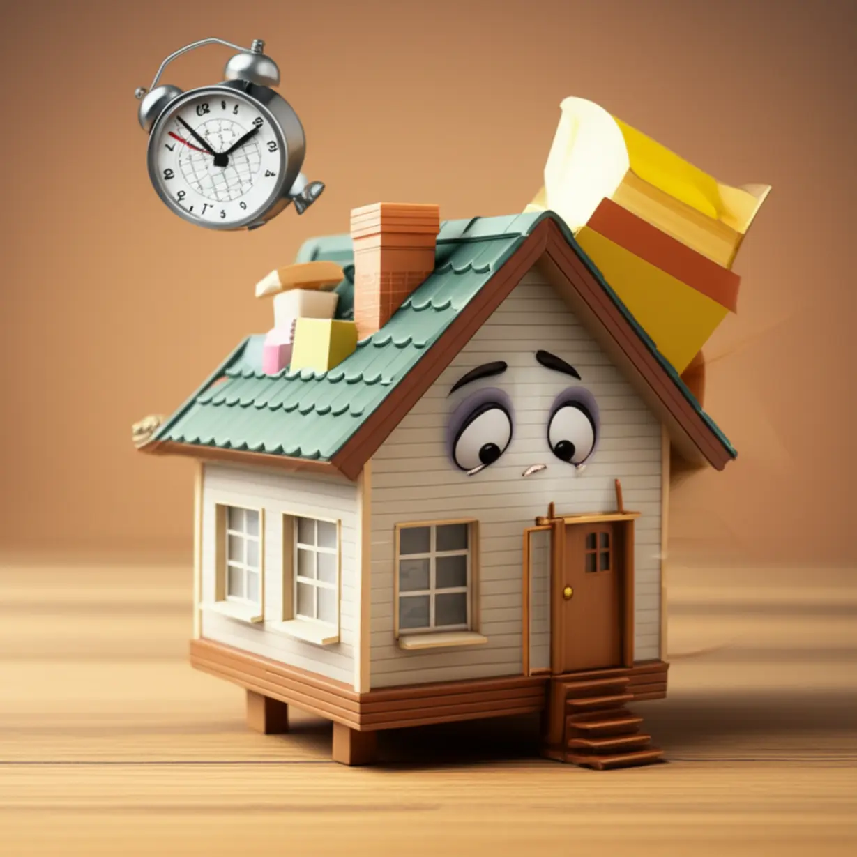 주택담보대출을-받으려는-1주택자가-내집마련을-위해-기존주택을-6개월-안에-팔아야-하는-규제를-보여주는-귀여운-3D-이미지입니다.-오래된-집을-파는-어려움을-나타냅니다.