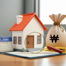 재개발-보상금을-상징하는-귀여운-3D-주택과-돈주머니,-달력,-서류를-살펴보는-돋보기-이미지.-복잡한-부동산-보상-과정을-쉽게-이해하도록-돕는-모습입니다.