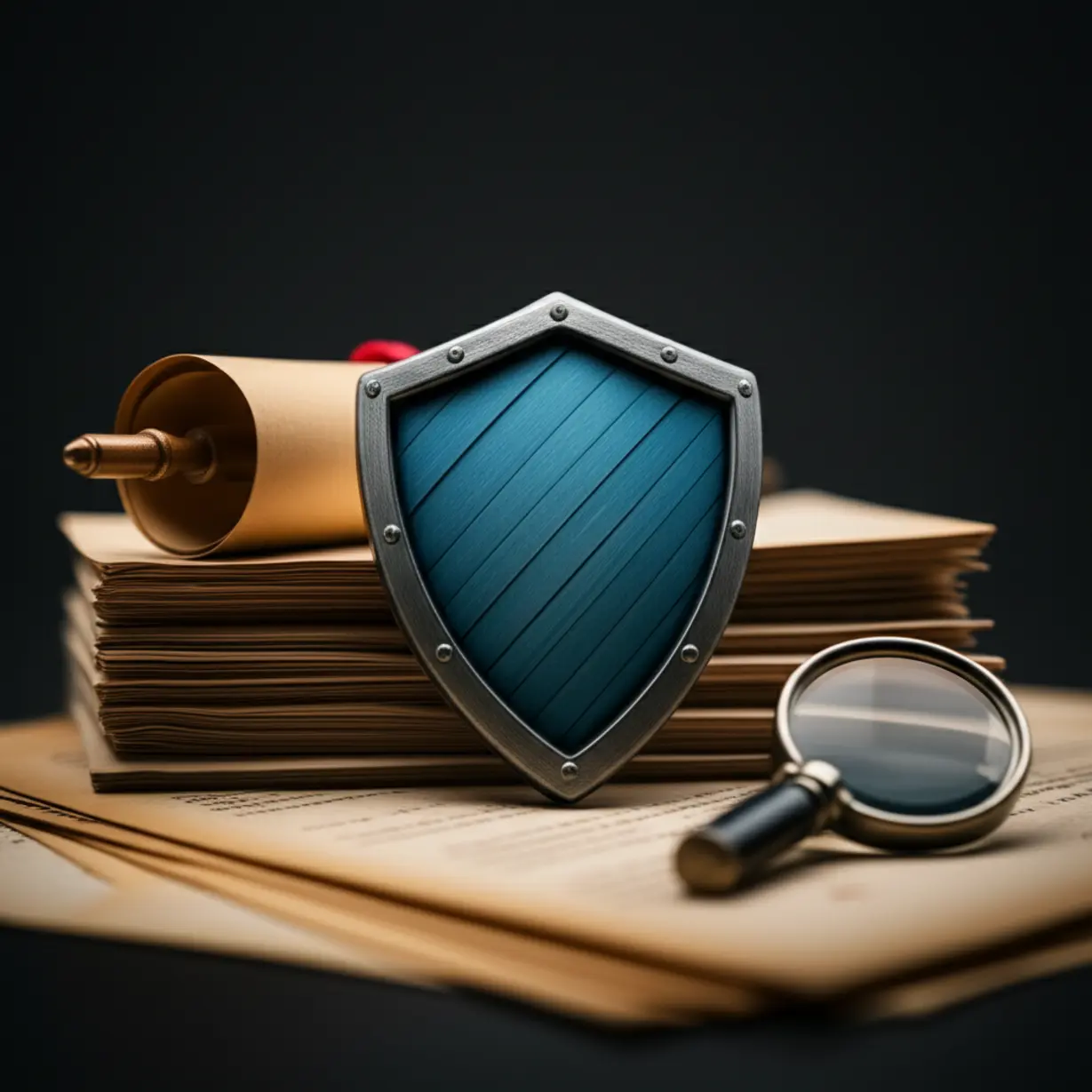 재개발-보상금-관련-서류를-보호하는-방패와-꼼꼼히-확인하는-돋보기를-귀여운-3D로-표현한-이미지.-자신의-권리를-지키는-중요성을-강조합니다.