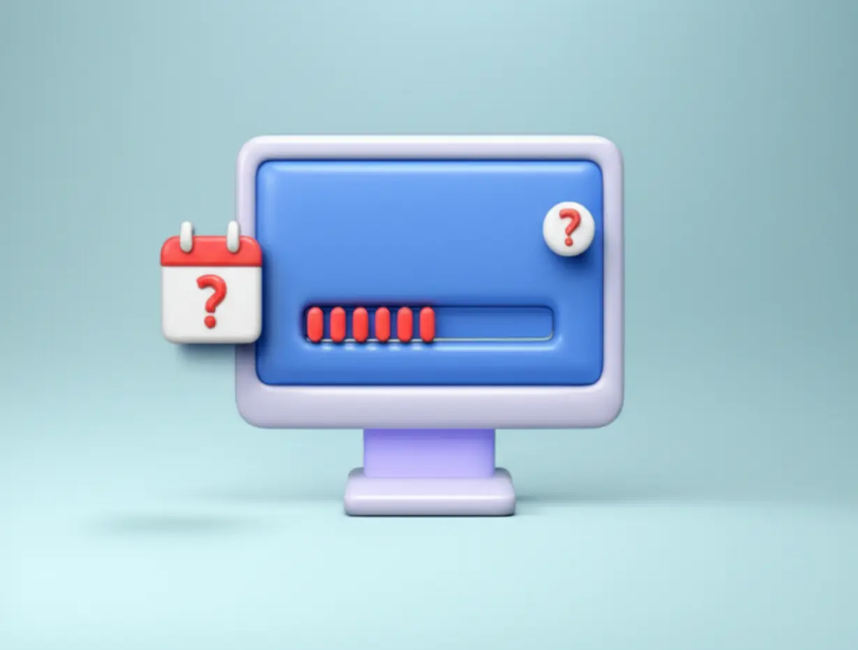 비대면-대출이-언제-다시-재개될지-보여주는-귀여운-3D-이미지입니다.-시스템-업데이트-아이콘과-날짜가-불확실한-달력이-있습니다.