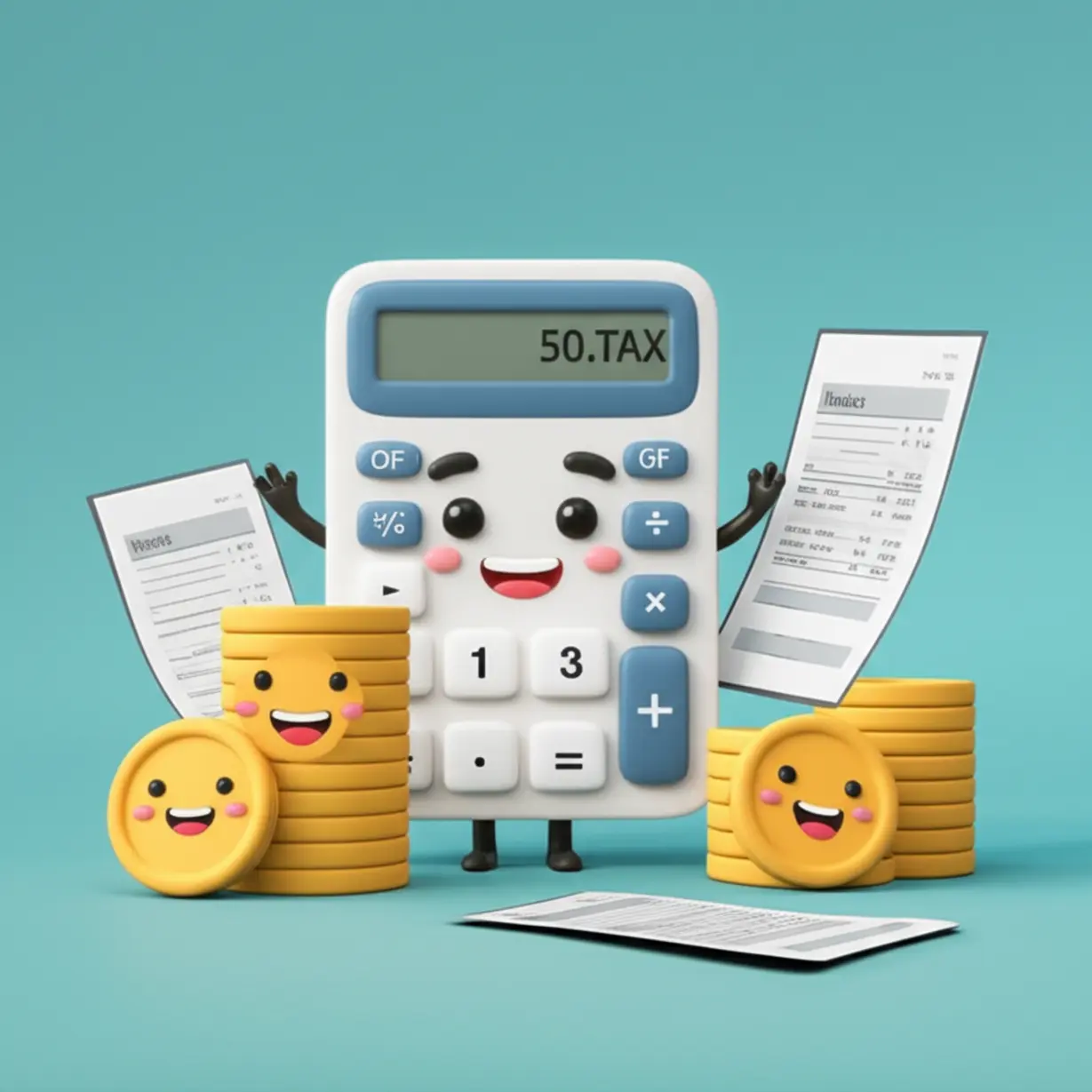 웃고-있는-동전과-계산기가-함께-있는-귀여운-3D-그림.-부가가치세-계산-과정을-상징합니다.