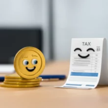 세금-서류와-동전들이-웃고-있는-귀여운-3D-그림.-부가가치세-신고,-계산,-납부-등-세무-관련-정보를-상징적으로-보여줍니다.