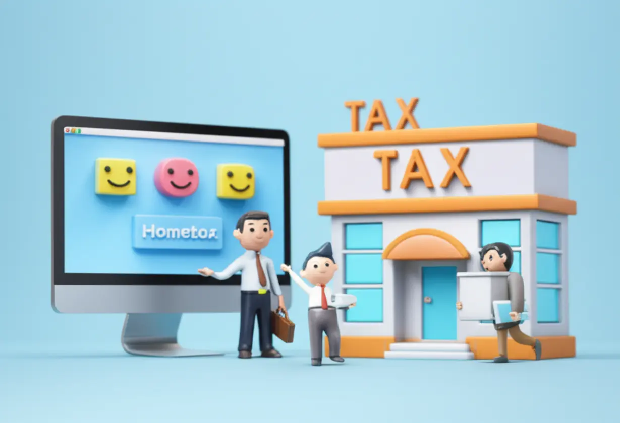 컴퓨터,-세무서-건물,-세무사-모습을-귀엽게-표현한-3D-그림.-부가가치세-신고-방법들을-보여줍니다.