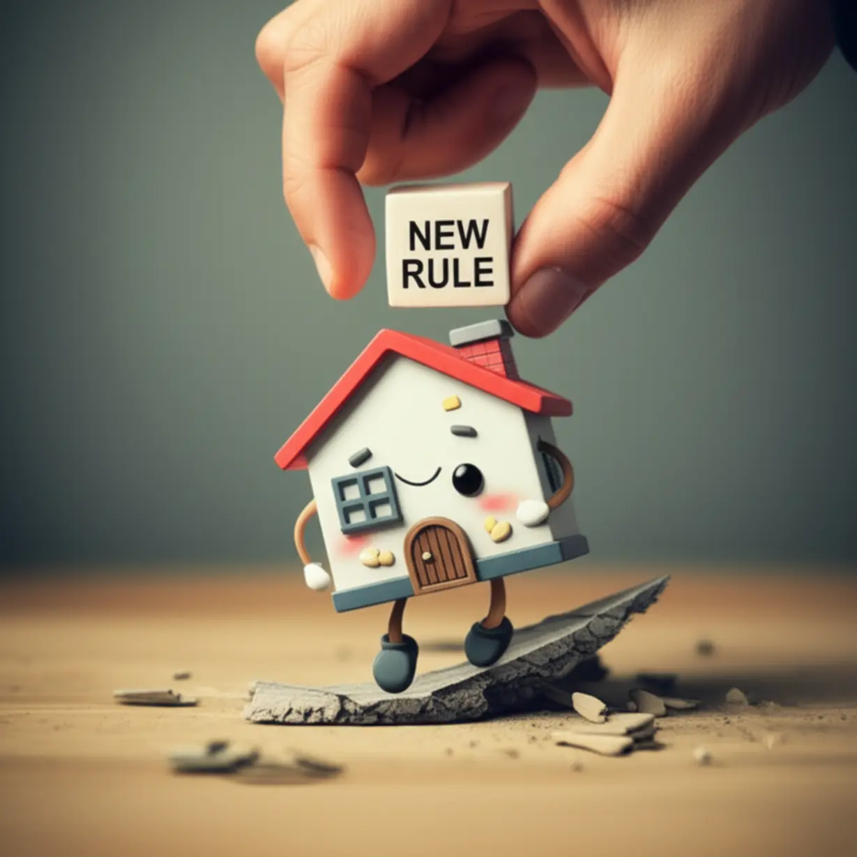 부동산-꼼수에-대한-정책-변화-가능성을-보여주는-이미지.-흔들리는-집과-새-규제를-떨어뜨리려는-손.