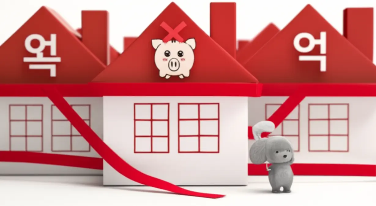 6억-대출-한도를-상징하는-귀여운-저금통과-함께-집-모양-옆에서-움직임이-제한된-동물-캐릭터-모습.-강력한-부동산-대출-규제의-영향을-나타냅니다.