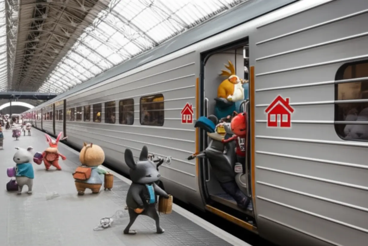 부동산-지옥철처럼-혼잡한-기차에-집-모양-아이콘과-귀여운-동물-캐릭터들이-힘겹게-탑승하려는-모습.-현재-부동산-시장의-어려운-상황을-표현합니다.