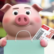 귀여운-저금통이-쇼핑백과-소비쿠폰을-들고-있는-모습,-민생회복지원금-사용처를-상징합니다.