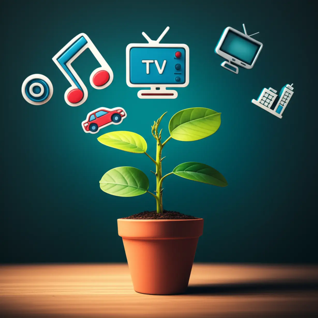 음악,-방송,-건물,-자동차-등-다양한-수입원을-나타내는-귀여운-아이콘들이-돈나무를-향해-모이는-3D-그림.-자산-다각화와-수입원-분산을-상징합니다.-재테크-포트폴리오-이미지.