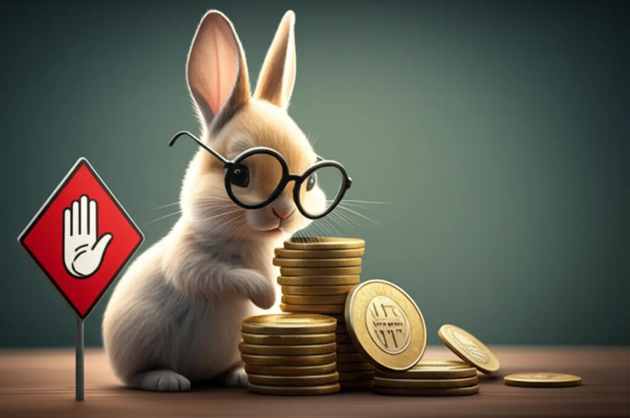 안경을-쓰고-동전-더미를-돋보기로-꼼꼼히-살펴보는-귀여운-토끼와-조심하라는-손짓-모양의-표지판-3D-그림.-배당주-투자-전-꼭-확인해야-할-유의사항을-상징적으로-보여줍니다.