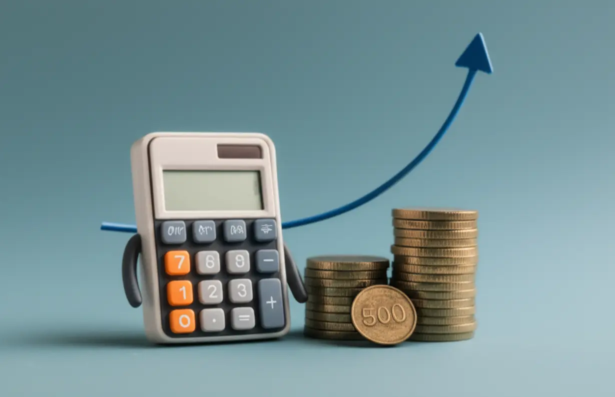 귀여운-계산기-옆에-놓인-동전-더미-위로-세금-또는-소득-증가를-나타내는-그래프-선이-그려진-3D-그림.-배당금-받을-때-세금이-어떻게-계산되는지-보여주는-이미지를-표현합니다.