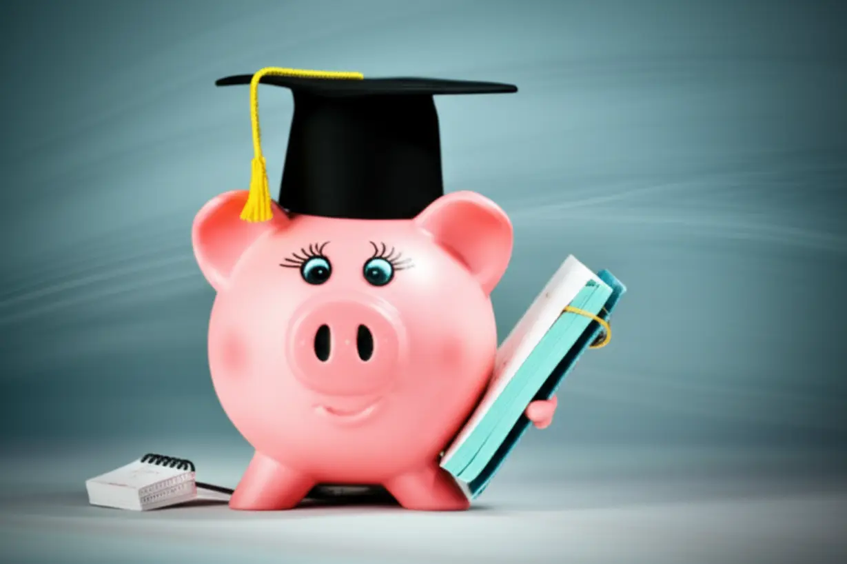 졸업-모자를-쓴-귀여운-돼지-저금통이-작은-수첩을-들고-계획하는-모습의-3D-그림.-어린-시절부터-자산-관리를-시작한-중요성을-나타냅니다.-연예인-재테크-초기-습관-이미지.