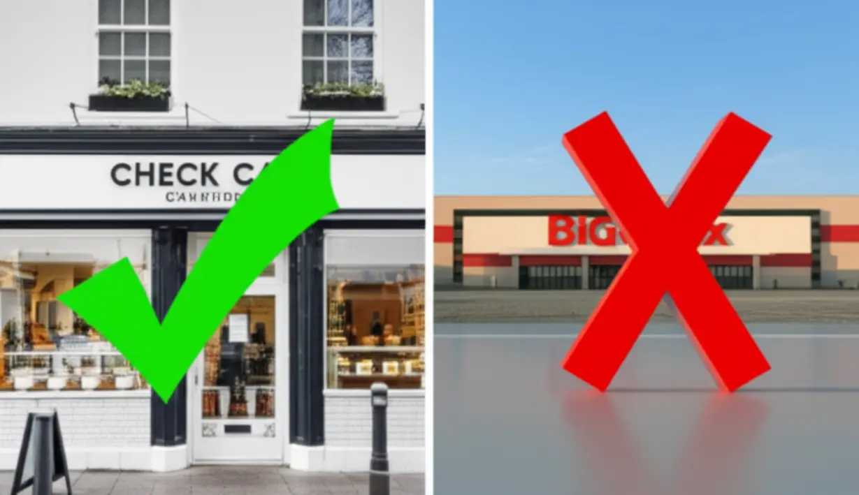 프랜차이즈-가맹점과-대형마트를-각각-다른-표시(O/X)로-구분한-3D-이미지.-민생회복-소비쿠폰-사용-가능-여부를-쉽게-파악할-수-있도록-디자인.