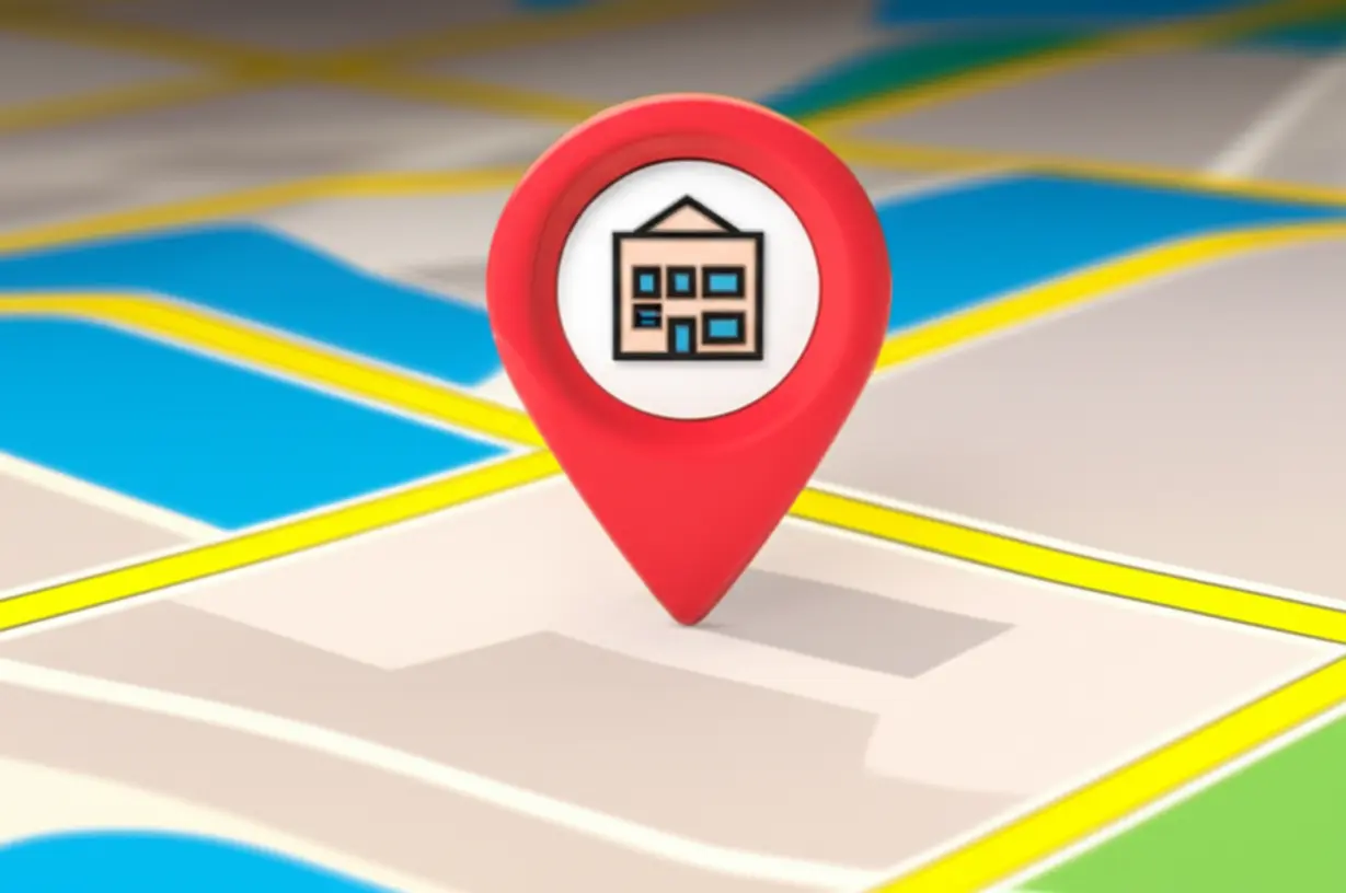 활기찬-도시-지도에-꽂힌-지도-핀과-그-위에-놓인-작은-현대식-건물-아이콘의-귀여운-3D-그림.-강남-핵심지-빌딩-매입을-상징합니다.-부동산-투자-위치-선택-이미지.