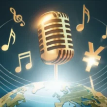 로제-님의-'아파트'-노래-글로벌-성공과-그로-인한-예상되는-재산-수준을-상징하는-귀여운-3D-이미지.-황금-마이크와-음악-노트,-돈-모양이-지구본-위에-떠-있습니다.