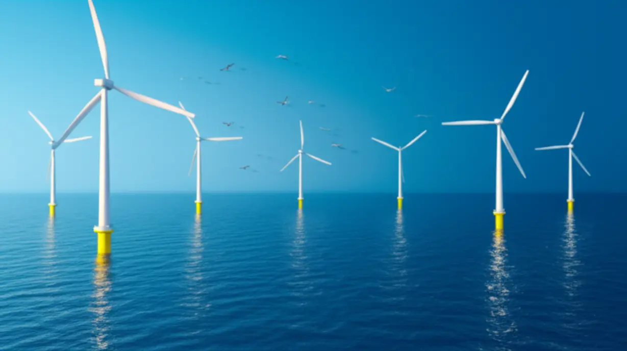 잔잔한-바다-위에-설치된-해상풍력-터빈들이-미래-에너지-시대를-알리는-모습.-RE100-정책과-함께-해상풍력-산업의-성장이-기대됩니다.