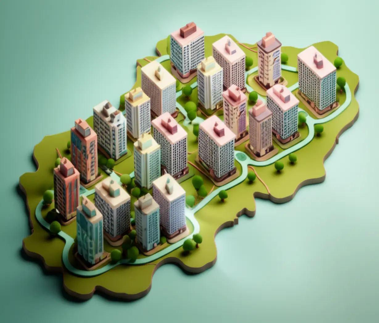 경기권-각-지역의-아파트-가격-동향을-보여주는-귀여운-건물과-도로가-표현된-경기도-지도-3D-이미지