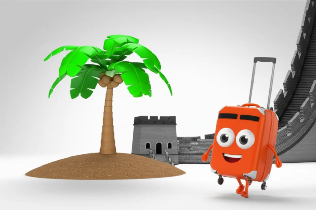 중국의-만리장성과-제주도-야자수,-그리고-여행가방-캐릭터가-함께-있는-3D-그림입니다.-중국인-관광객-회복-기대를-표현합니다.