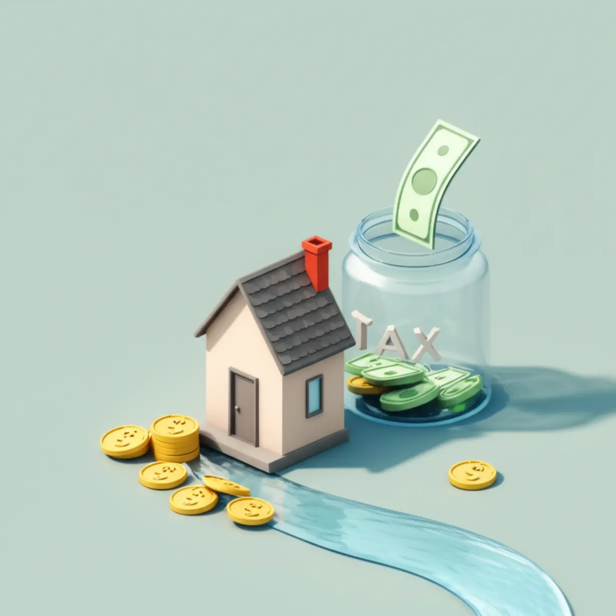 집에서-돈이-흘러나와-세금-통에-모이는-모습,-부동산-양도소득세-개념을-설명하는-이미지