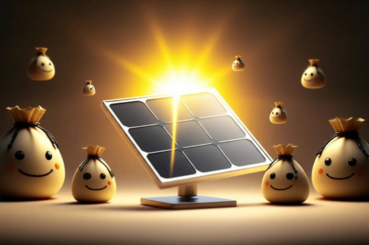 태양광-발전-패널-위로-햇살이-내리쬐고,-돈-주머니가-주변에-있는-현대에너지솔루션의-친환경-사업-성과를-보여주는-귀여운-3D-그림입니다.