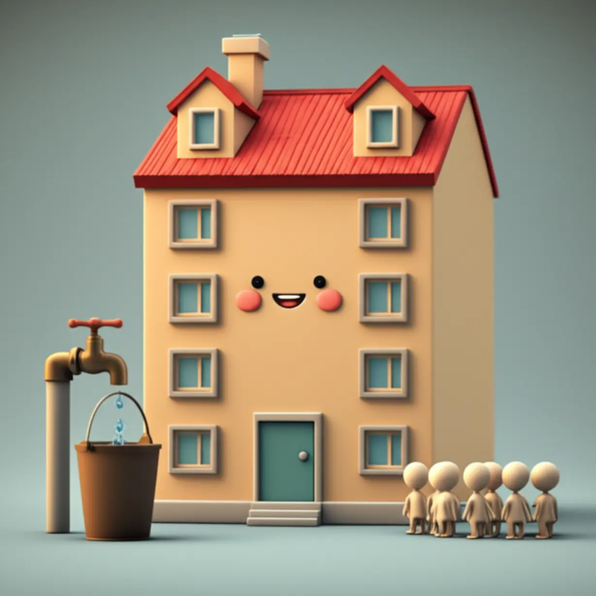 아파트-공급(수도꼭지)과-수요(사람-형상)의-균형이-미래-부동산-시장에-미치는-영향을-보여주는-귀여운-3D-이미지