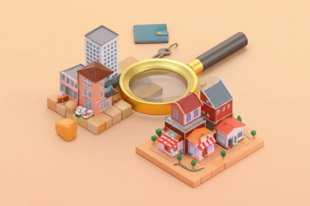 재건축-재개발-투자-시-고려할-점을-상징하는-돋보기와-건물-블록,-돈-지갑을-나타내는-3D-일러스트
