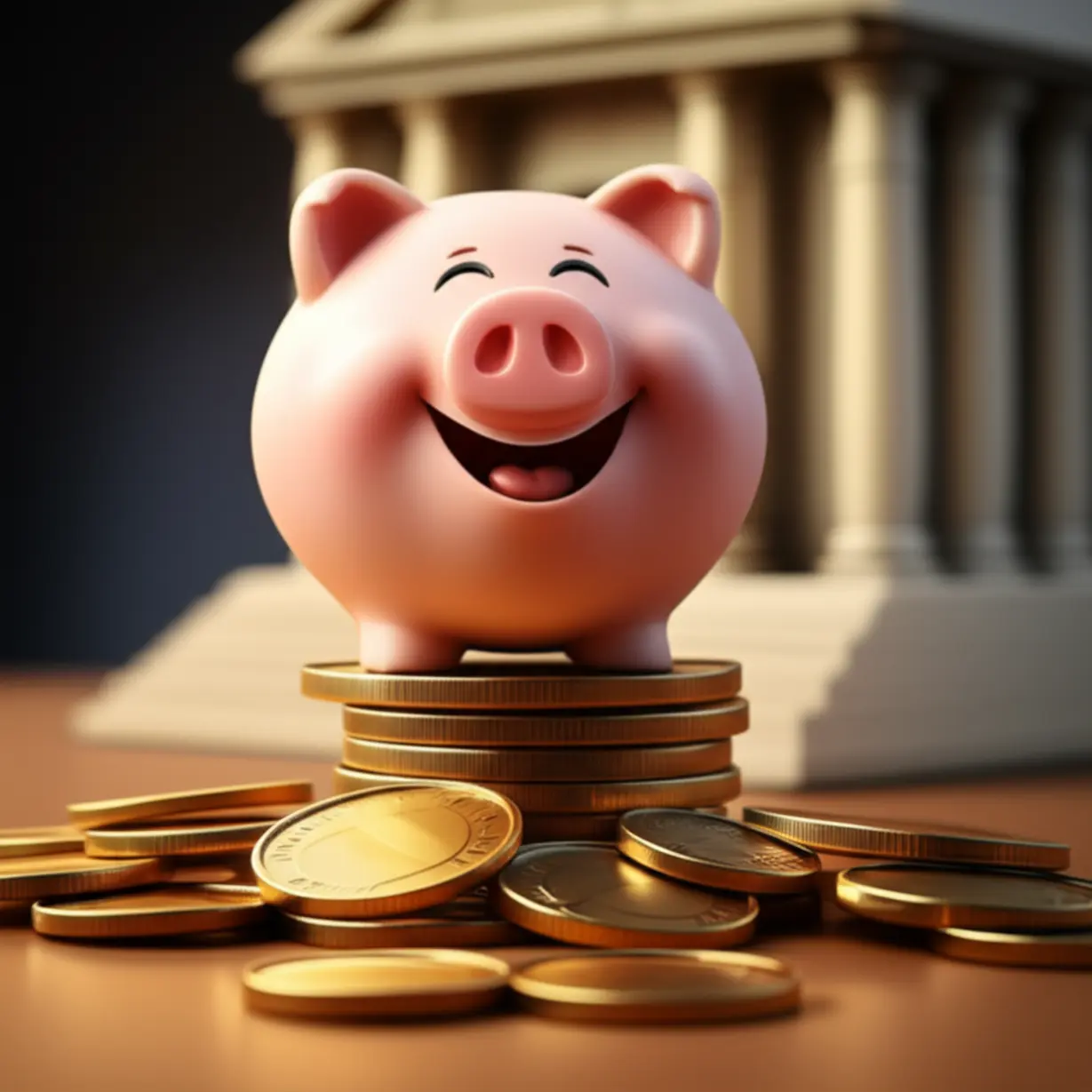 동전-더미-위에-앉아있는-저금통과-뒤편의-은행-건물이-JB금융지주의-든든한-금융-서비스와-안정적인-성장을-나타내는-3D-이미지입니다.