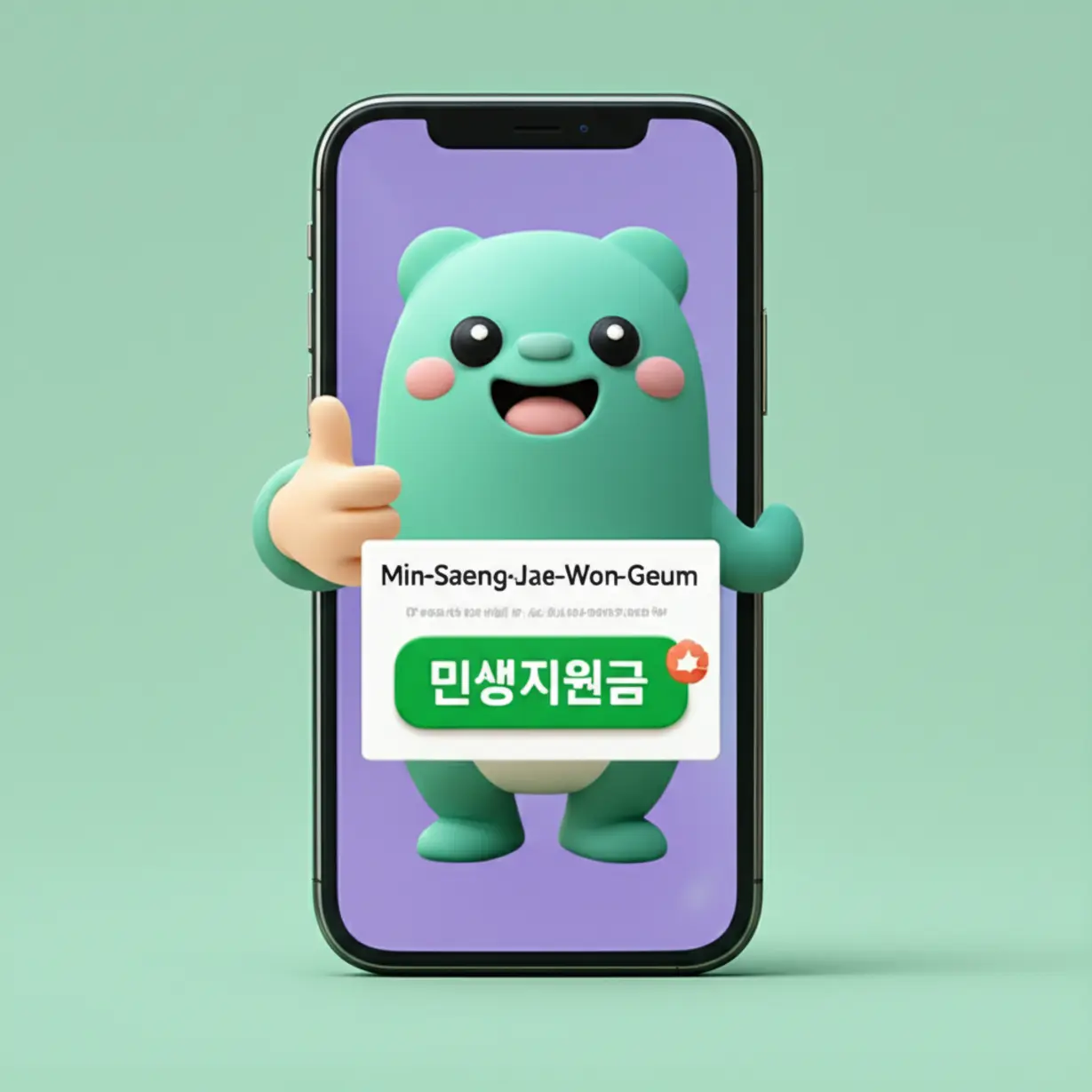 카카오뱅크-앱-화면이-보이는-귀여운-3D-스마트폰.-민생지원금-신청-버튼과-엄지-척-아이콘이-있어-쉽고-편리한-신청-과정을-보여줍니다.