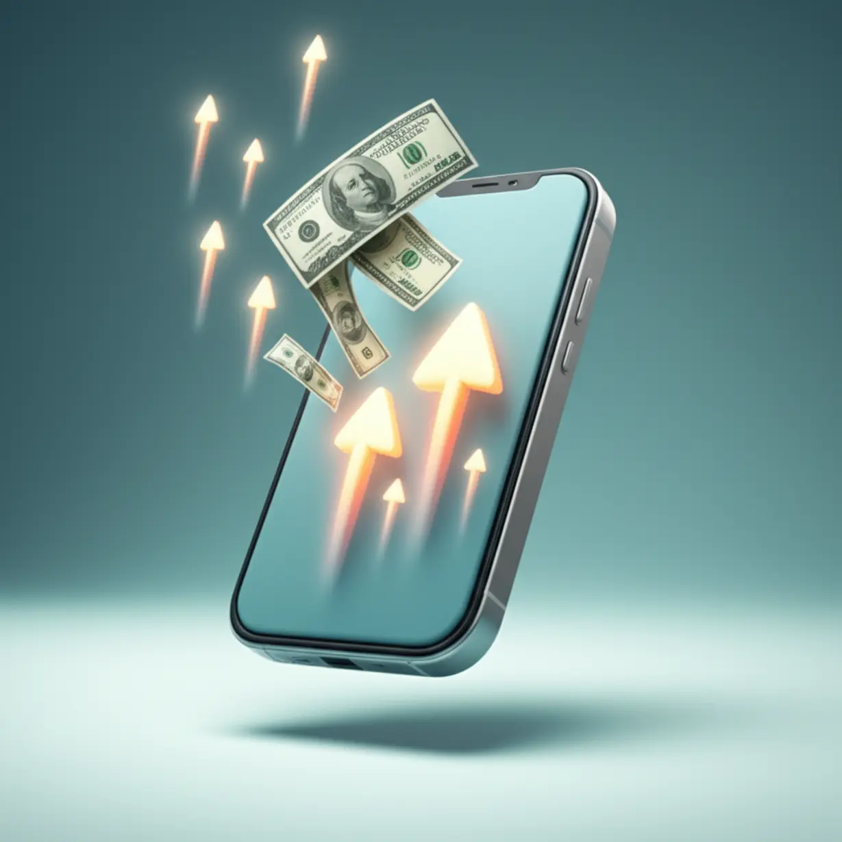 스마트폰으로-돈이-흘러들어오고-상승-화살표가-주변에-있는-카카오페이의-모바일-금융-서비스-성장과-투자-흐름을-상징하는-3D-이미지입니다.