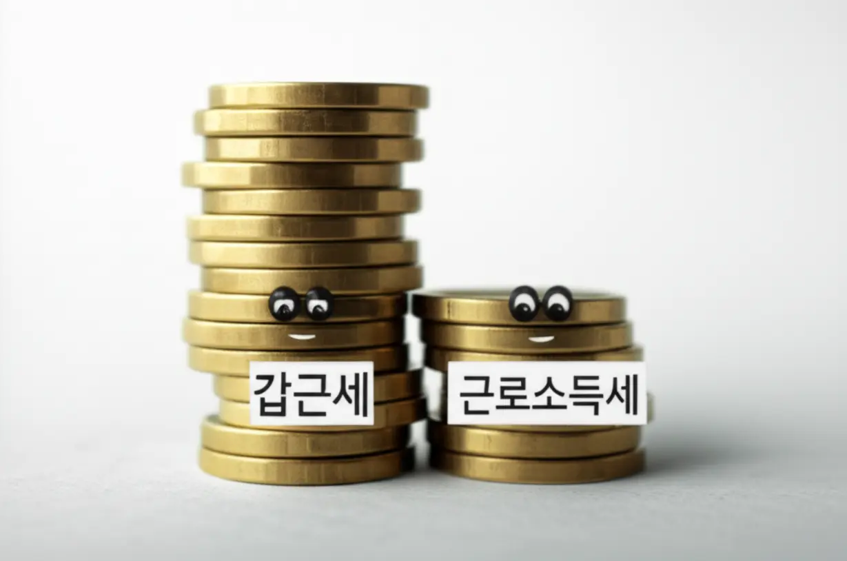 갑근세와-근로소득세-동전-더미가-나란히-있는-귀여운-3D-그림.-두-용어가-같은-세금임을-보여줍니다.