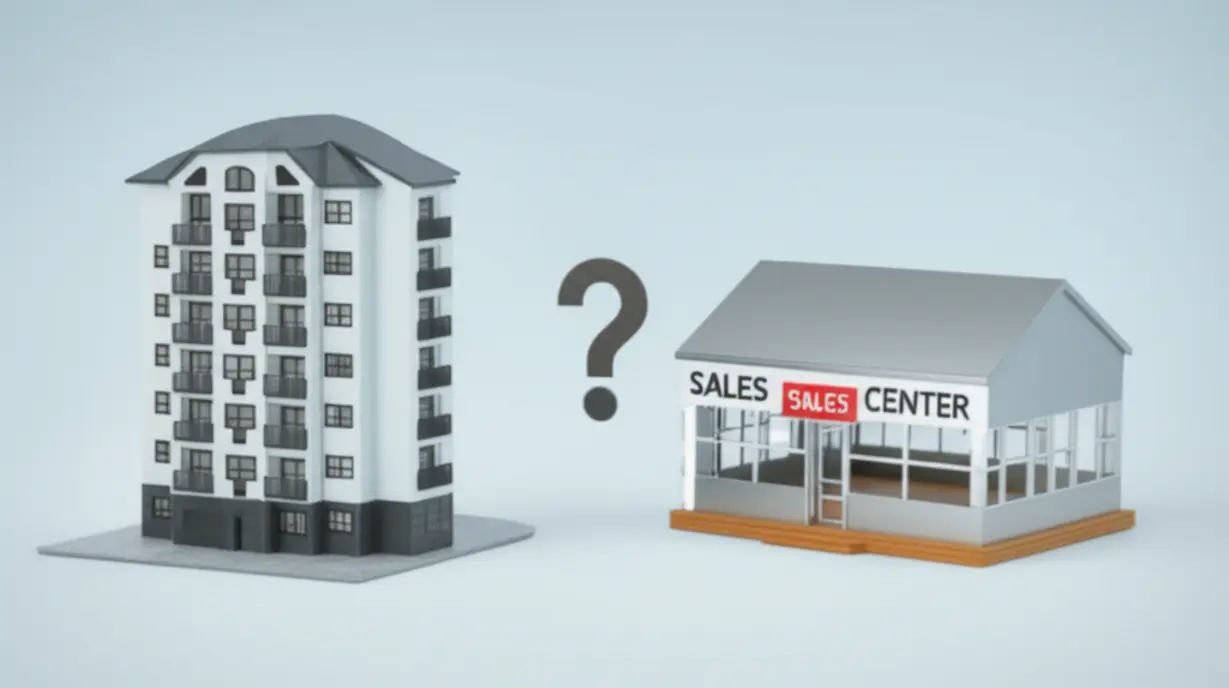 나란히-놓인-3D-미니어처-모델하우스와-분양홍보관.-두-공간의-핵심-차이점과-특징을-시각적으로-보여줍니다.