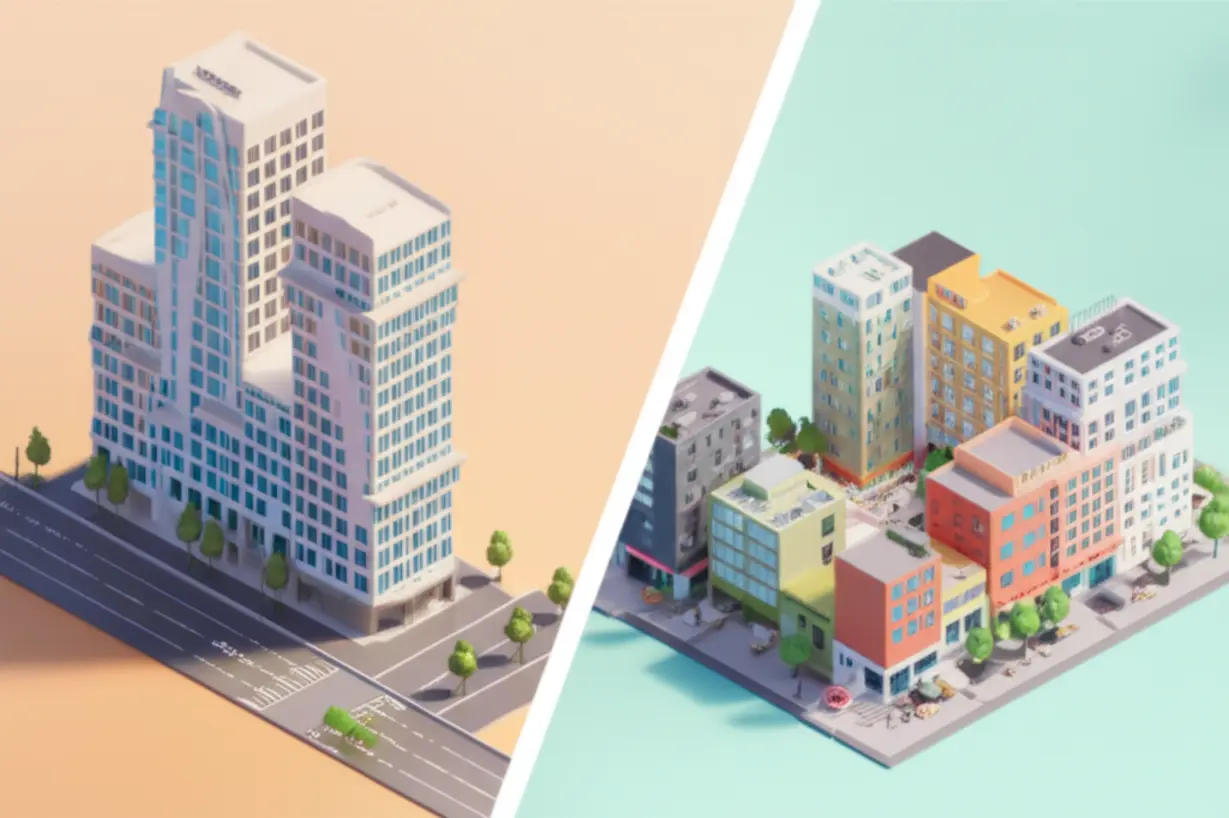 재건축과-재개발의-핵심-차이점을-한눈에-보여주는-비교-3D-일러스트,-아파트와-다양한-건물이-대비되는-모습