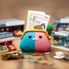 민생지원금-지갑에서-돈이-나오는-모습,-다양한-가게들이-함께-있는-그림,-소비쿠폰-혜택,-소상공인-상생